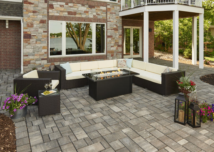 Outdoor GreatRoom Linear Monte Carlo Fire Pit Table Black Glass Top - The Outdoor Fireplace Store